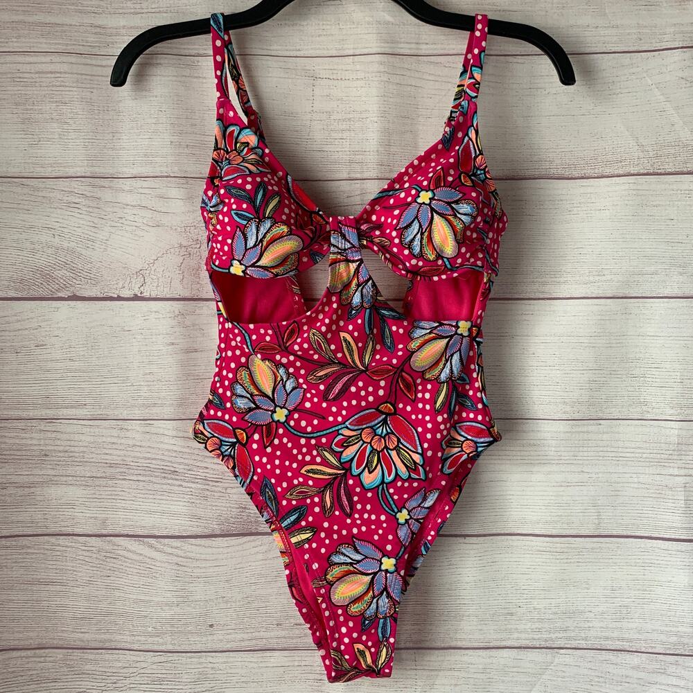 Tabitha Brown for Target Pink Polka Dot Floral One-Piece Swimsuit Cutout Size XS